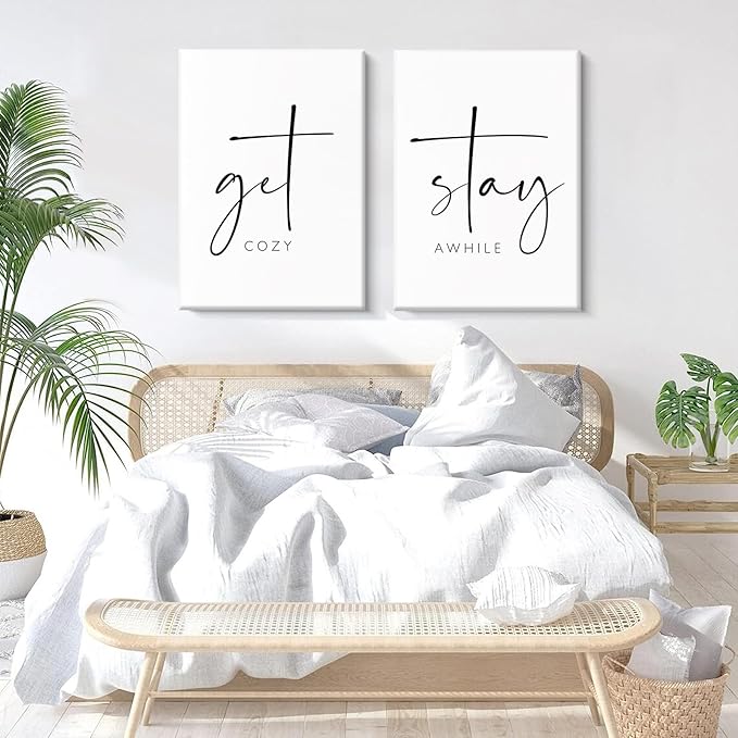 Pennclys Get Cozy Wall Art Decor Stay Awhile Sign Canvas Above Bed Wall Art Guest Bedroom Decor Lets Stay in Bed Pictures Modern Painting Artwork for Living Room Guest Room 16x24x2 Inch Ready to Hang