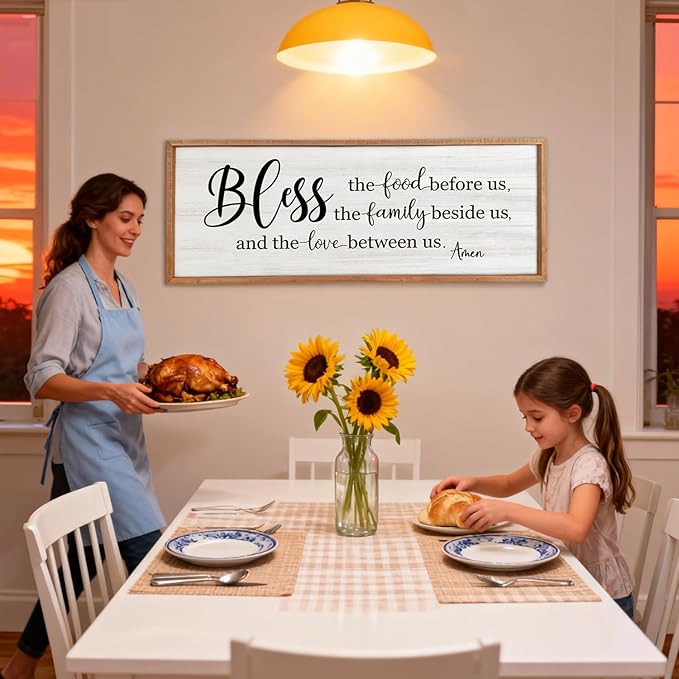Bless the Food Before Us, the Family Beside Us, and the Love between us Framed Wall Art for Dining Room, 40''×15'' Holy Positive Religious Rustic Bible Verse for Christian God Jesus Christ Prayer