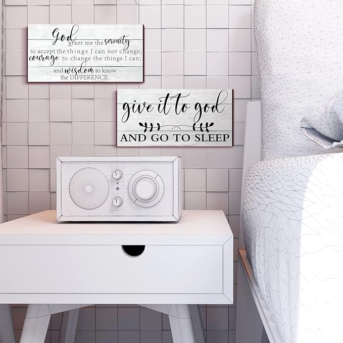Chunful 2 Pcs Give It to God and Go to Sleep Sign Above Bed Wall Decor Serenity Prayer Sign Prayer Wall Art Rustic Farmhouse Vintage Bedroom Decor for Home(Simple Style)