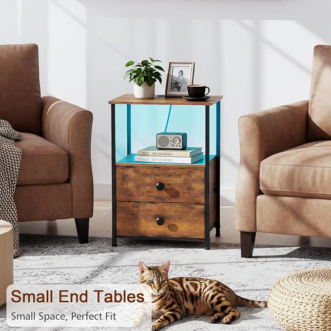 Night Stand Set 2, LED Nightstand with Charging Station, End Tables with Storage Shelf for Small Space, Bedside Table with 2 Fabric Drawers for Bedroom, Brown HETS02PQBR