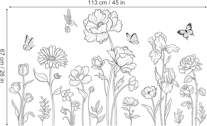decalmile Large Black Boho Flower Wall Decals Simple Sketch Floral Wildflower Butterfly Wall Stickers Bedroom Living Room Sofa TV Background Home Decor