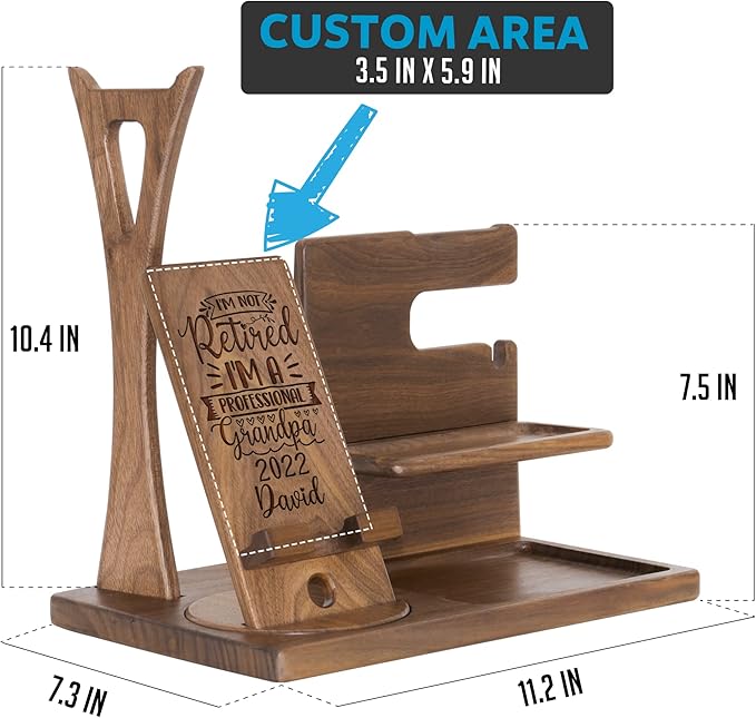 Personalized Desk Organizer for Retirement - Handmade Accessories Organizer with Rotating Phone Stand, Headphone Stand, Watch Holder - Unique Gift Ideas for Husband Boyfriend on Birthday Anniversary