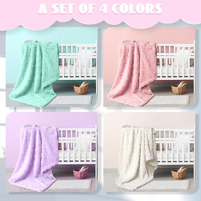 VitalCozy 4 Pcs Soft Fleece Baby Blankets Set 30" x 40" 3D Plush Warm Nursery Swaddling Bed Blanket Little Boys Girls Infant Toddlers and Newborn Receiving Gifts Blankets(Light Color)