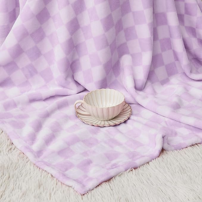 FY FIBER HOUSE Checkered Flannel Fleece Throw Blanket Soft Cozy Checkerboard Grid Print Chessboard Gingham Pattern Blankets for Bed Couch Sofa, 60"x80", Purple
