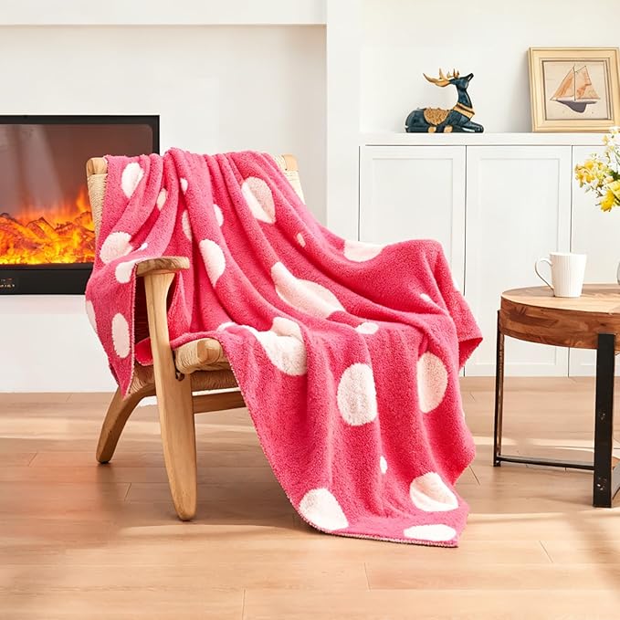 CozeCube Super Soft Fullfy Microfiber Reversible Knitted Blankets, Warm Cozy Fuzzy Plush Throw, Hot Pink and White Polka Dot Throw Blanket for Couch Bed Sofa, 60" x 80"