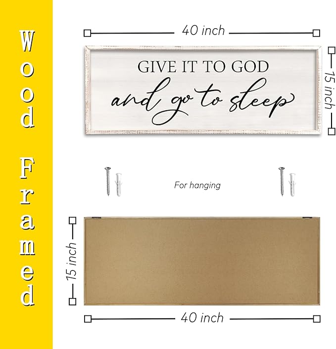 Give it to God and Go to Sleep Sign Wall Decor Wood Frame 40" X 15" Master Bedroom Above Bed Large Rustic Farmhouse Hanging Over Bed Wall Art Guest Room Decoration (White)