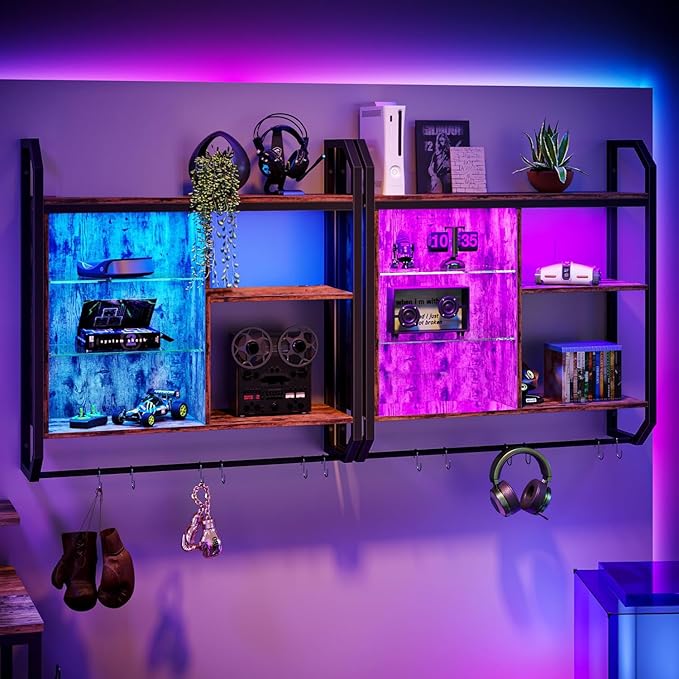 Bestier LED Kitchen Floating Shelves, 34" Industrial Pipe Shelves with Adjustable Glass Shelves, Wall Mounted Shelf with 6 S-Hook Towel Bar, Wine Coffee Bar Rack for Room Decor Rustic Brown