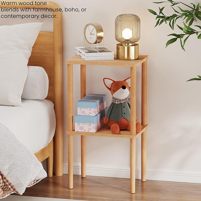 Solid Wood Side Table, 2-Tier Tall End Table with Storage Shelf, Small Nightstand Bedside Table for Bedroom, Living Room, Kids Room & Small Spaces, No-Tool Assembly,(Natural)