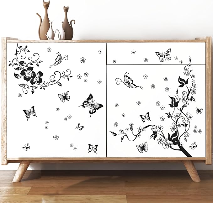 Supzone Flowers Vine Wall Decals - Black Flowers Stickers, Butterfly Decor, Removable Vinyl Art for Bedroom, Living Room, Office, Sofa Backdrop, TV, Home Decoration