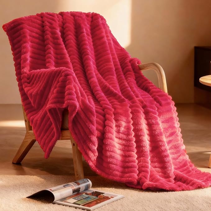 Nookly Red Fleece Throw Blanket for Couch, Soft Lightweight Ribbed Plush Blanket for Sofa and Bed, All-Season Cozy Striped Throw for Women Girl 50x60 Inches