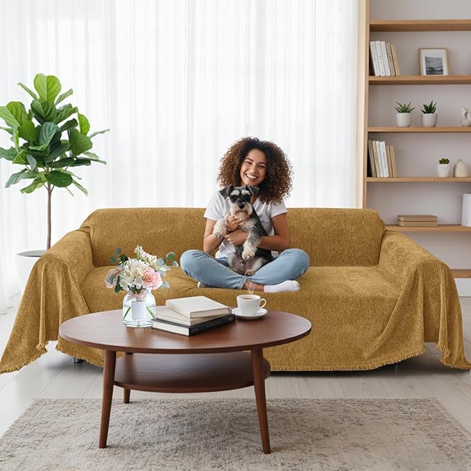 Smiry Couch Cover for Dogs, Washable Chenille Sofa Covers for 3 Cushion Couch, Soft Sofa Slipcover for Pets, Thick Sectional Furniture Protector with Tassels (Yellow, 88.5x118 Inch)