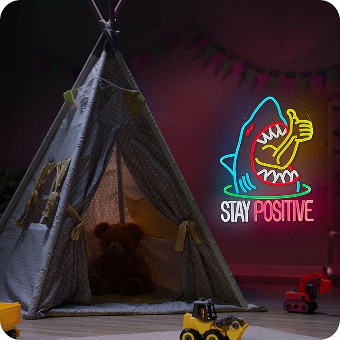 Stay Positive Neon Sign for Wall Decor Thumb up Shark Funny LED Signs Bar Man Cave Party Coffee Home Bedroom Birthday Gifts