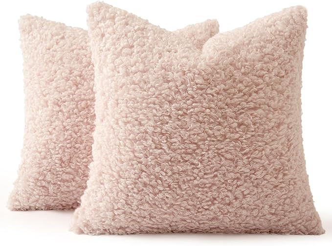 MIULEE Pack of 2 Pink Throw Pillow Covers 18x18 Inch Faux Fur Decorative Sherpa Boucle Spring Pillow Covers Fuzzy Accent Soft Sheepskin Fleece for Boho Home Decor Couch Living Room Bed Valentines Day