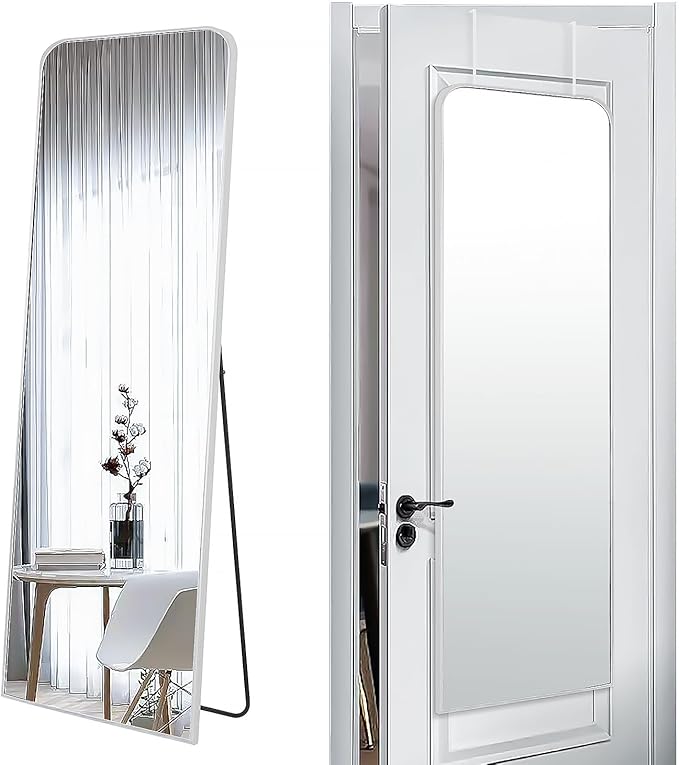 57x20 Door Hanging Full Length Mirror, Floor (Height 5.7ft just Body in 1.3ft) or Wall Mounted Metal Frame Rectangle Dressing Mirrors for Bedroom Bathroom Living Room 57 inch Silver