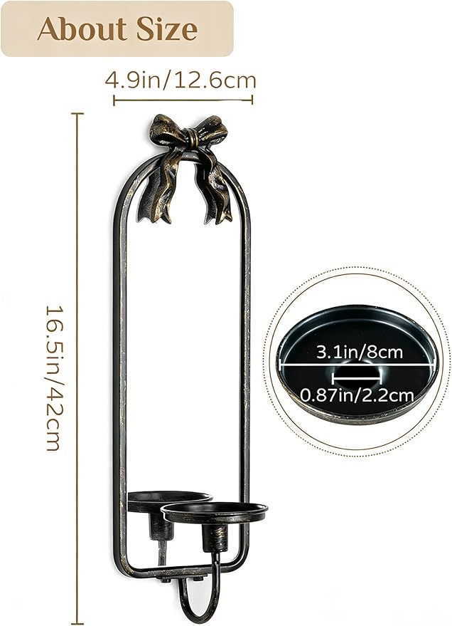 Candle Sconces Black Wall Decor: Set of 2 Metal Wall Candle Holder Decorative for Taper Pillar Candles - Vintage Bow Sconces Art for Fireplace Bathroom Livingroom