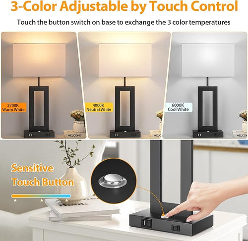 3 Color Temperatures Table Lamps for Bedrooms Set of 2, 22’’ Touch Control Bedside Nightstand Lamps with 2 USB Ports & AC Outlet, Stepless Dimmable Lamps with White Shade, Modern Decor for Living Room