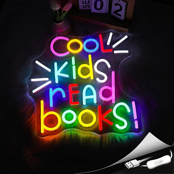 Neon Sign, Gdbkabf Cool Kids Read Books Neon Signs for Wall Decor LED Light Up Signs Home Decor for Classroom, Bedroom, Reading Corner, Study Room, Library Decoration USB Operated