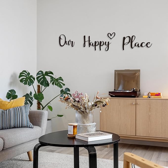 Our Happy Place Sign Metal Wall Decor Hanging Art Words Home Decor for Patio, Living Room, Bedroom, Kitchen, Bathroom and More, Black