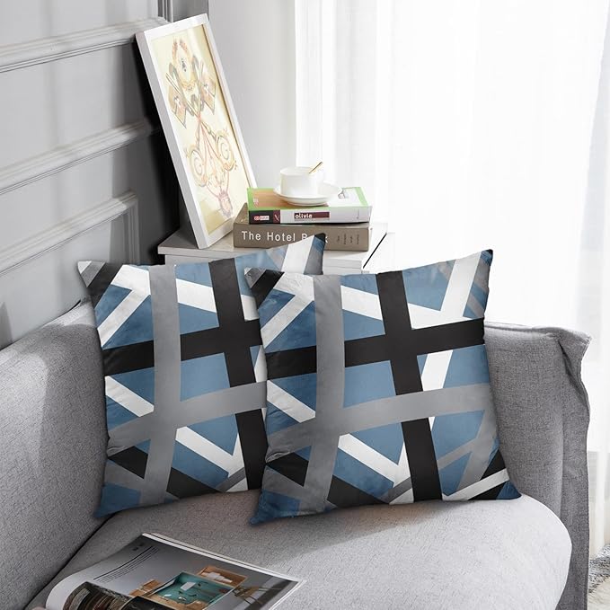 Emvency Set of 2 Throw Pillow Cover Blue Grey Stripes Black White Design Retro Decorative Pillow Case Striped Home Decor Square 18x18 Inch Cushion Pillowcase