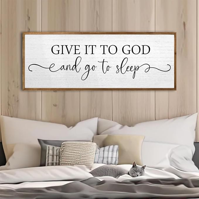 Christian Wall Decor Give It To God And Go To Sleep Sign Wall Decor 24"×10" Spiritual Quote Plaque for Master Bedroom Above Over Bed Rustic Religious Home Wood Framed Hanging Art (Wood)