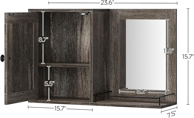 Medicine Wall Cabinet with Mirror, Bathroom Mirror with Storage, Medicine Cabinet Mirror, Wall Mounted Home Storage, Adjustable Shelf, for Laundry Room, Bedroom, Camper, Hallway, Smoky Oak