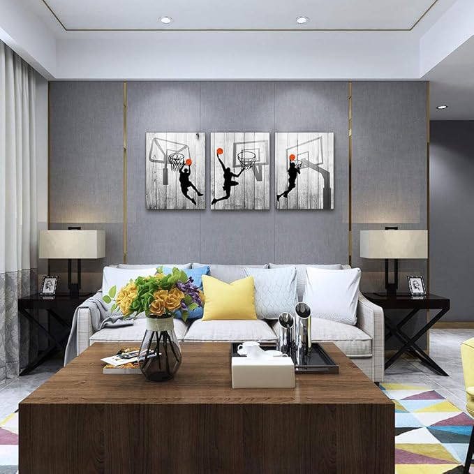 Black and white Canvas Wall Art for living room bathroom and bedroom kitchen wall decor artwork Canvas Prints play basketball sport painting 16" x 24"3 Piece Modern framed office Home decorations