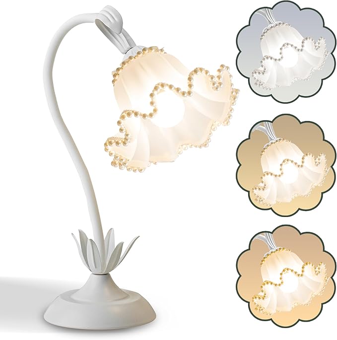 Flower Table Lamp,LED Reading Light Bedside Vintage Flower Night Light,3 Colors Modes Kawaii Bedside Lamps Decor,Living Room Bedroom Room Lighting Table Lamps Home Decoration (White Pearls)