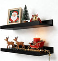 Black Floating Shelves for Wall Decor, Wall Mounted Wood Storage Shelf for Bedroom, Living Room, Bathroom, Kitchen, Nursery, Display Picture Ledge Shelf with Lip Set of 2-14 Inches, Black