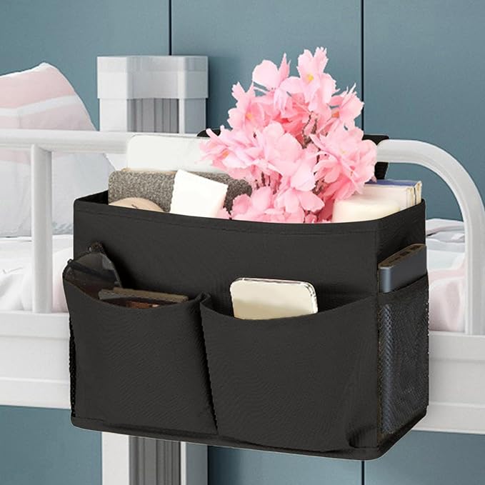 Bedside Caddy, Large Capacity linen fabric Versatile Bedside Organizer with 4 pockets,Durable Hanging Bedside Caddy for Dorm Bed Phone Hospital College Magazine Remote Control Laptop Books (Black)