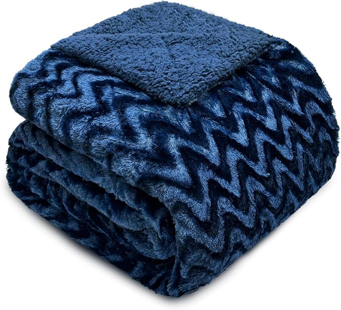Whale Flotilla Faux Fur Sherpa Twin Size Blanket for Bed, Cozy Reversible Fuzzy Fluffy Plush Blankets for All Season, Warm and Soft, 60x80 Inch, Navy
