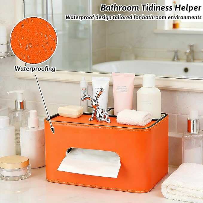 PU Leather Tissue Box Cover Square - Multifunctional Tissue Box Holder with Storage, Tissue and Remote Control Holder Organizer with Compartments for Bedroom Nightstand, Desk, Living Room (Orange)