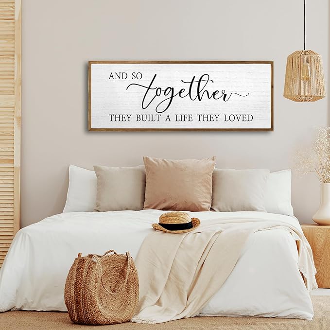 And So Together They Built A Life They Loved Wall Decor 40”X15” Rustic Master Bedroom Large Wood Framed Sign Above Bed Modern Farmhouse Quotes Couple Wall Art Over Bed Hanging Decoration (Wood)
