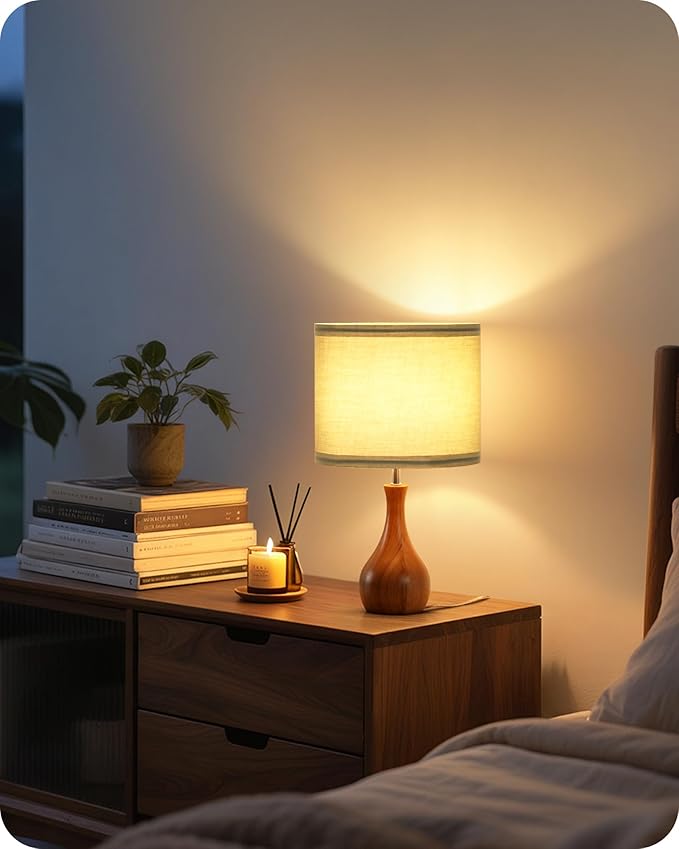 Green Table Lamp, 14.2" Small Bedside Lamp, Wood Table Lamp with Green Linen Lampshade & Dark Wood Base, Modern Nightstand Lamp for Bedroom, E26 Base, Bulb Not Included, LJ09TL05
