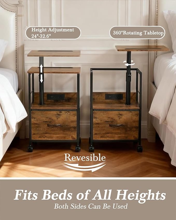360° Swivel Nightstand with Height Adjustable, Lift Top Bedside Table with Charging Station, Rolling Night Stand with Fabric Drawer, End Table with Wheels, for Bedroom, Living Room, Rustic Brown