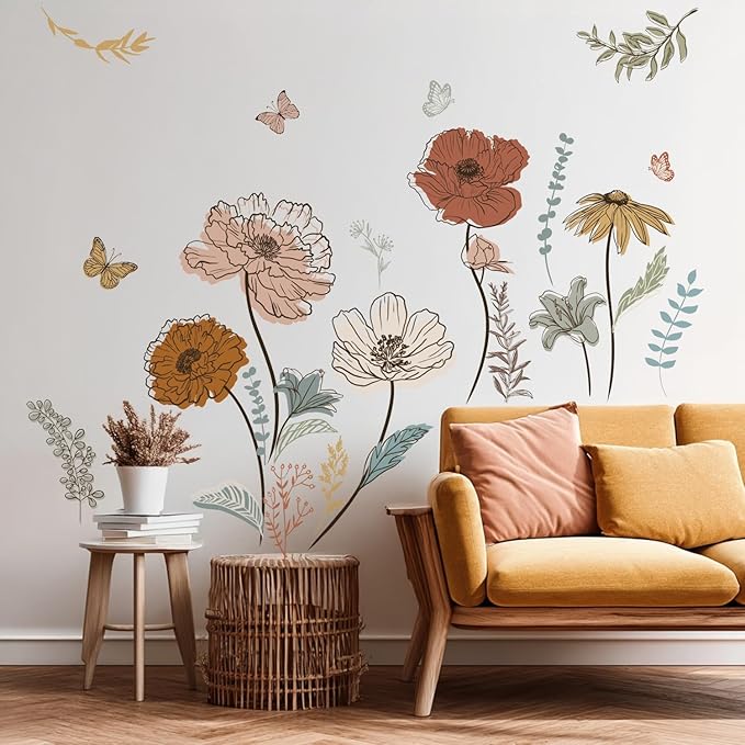 Large Boho Flower Wall Decals, Floral Grass and Butterfly Wall Stickers for Bedroom Living Room Decor Gifts for Mom
