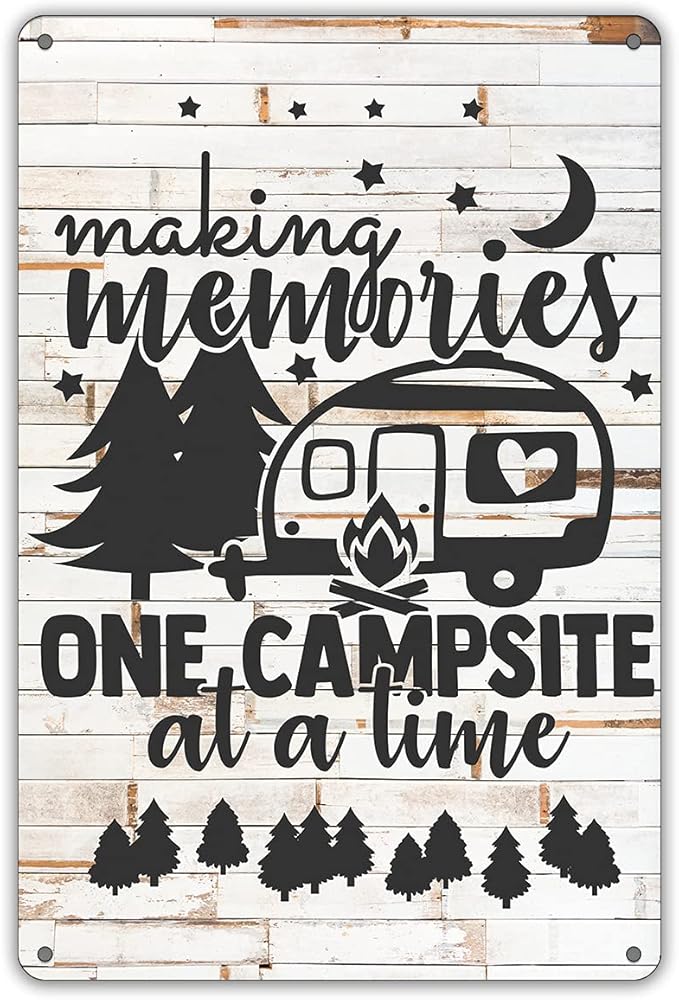 QIONGQI Funny Making Memories One Campsite at a Time Metal Tin Sign Wall Decor Farmhouse Rustic Camping Signs for Home Garage Men Cave Yard Decor Camper Gifts (Wooden Style)