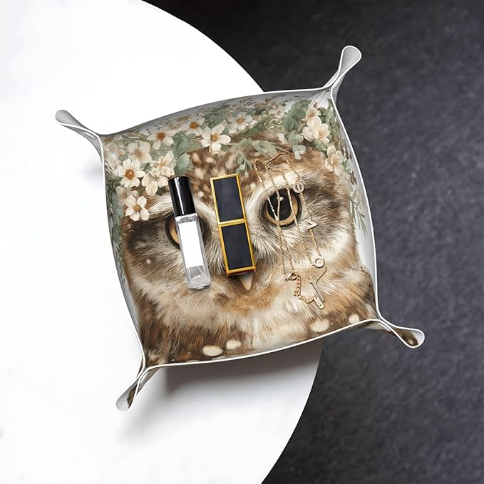 Watercolor Woodland Owl With Floral Crown Wildflowers Valet Tray Leather Desktop Storage Organizer Bedside For Jewelry Keys Coin Candy Sundries