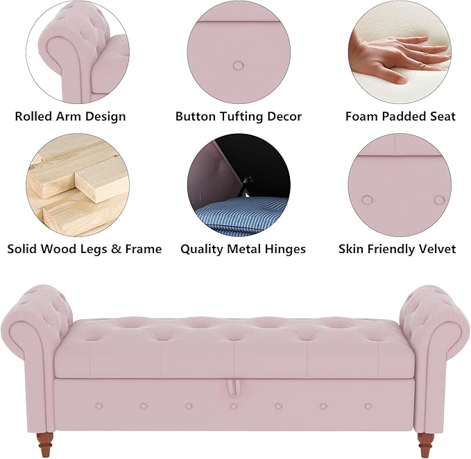 Aoowow Rolled Arm Storage Benches for Bedroom End of Bed Ottoman Bench 63" Long Bench with Storage and Seating for Living Room,Entryway,Window,Button Tufted with Solid Wood Legs (Velvet Pink)