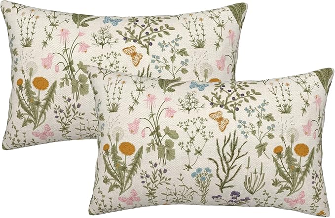 AEIOAE Spring Pillow Covers 12x20 Inch Set of 2,Sage Green Wild Flower Plant Throw Pillows Case,Seasonal Floral Outdoor Decorative Square Linen Farmhouse Decor Cushion Covers for Home Sofa Bed Couch