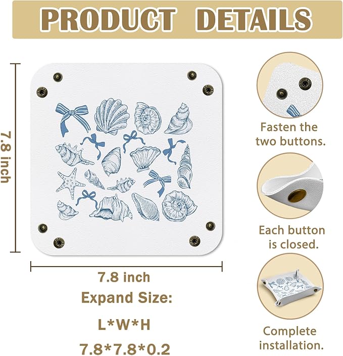 Coastal Preppy Beach Seashell Jewelry Valet Tray for Women, Beach Gifts PU Leather Catchall Beside Caddy Nightstand Organizer Tray for Jewelry Rings Watches Keys and Accessories, 7.87x7.87in