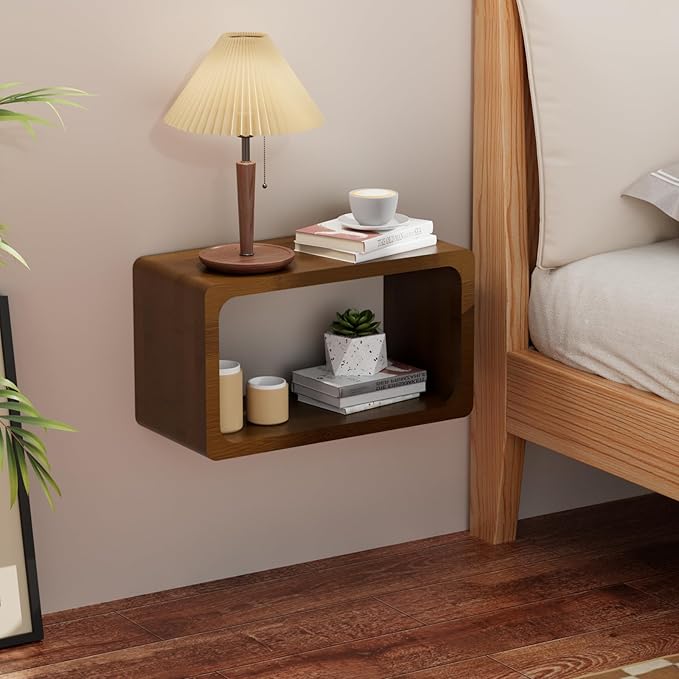 Bamboo Floating Nightstand with Storage Drawer and Modern Open Shelf Cubby，Bedroom, Living Room, Kitchen, Tool Room for use. (Brown, Prepare for Departure)