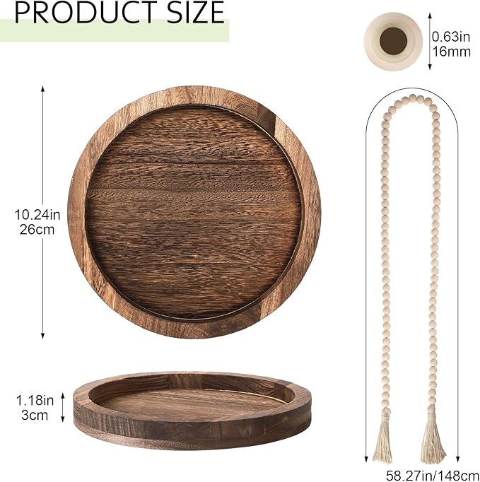 5 Pcs Rustic Country Tabletop Centerpieces Decor Set of 3 Boho Ceramic Vases with Wooden Serving Tray Wood Bead Garland Tassels Table Holder for Home Decorations(Dark Brown)