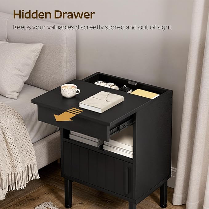 Nightstand with Gun Drawer, Bedside Table with Hidden Compartment, End Table with Storage Cabinet, Night Stand for Bedroom, Office, Black ET22BB