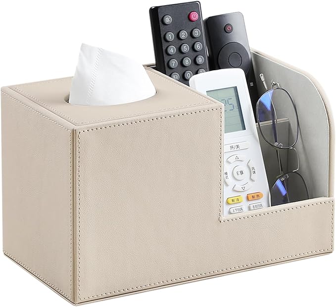 PU Leather Tissue Box Cover with Remote Control Holder, Square Tissue Box Holder for Living Room Bathroom Office (Dark Beige)