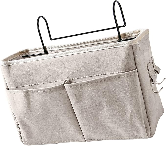Bedside Caddy,Hanging Bed Organizer Storage Bag Pocket for Dorm Rooms Bed Rails Nightstand Hanging Bag,Cotton Linen Bedside Storage Pocket Organizer Basket for Bunk Bed Dorm Rooms(White)