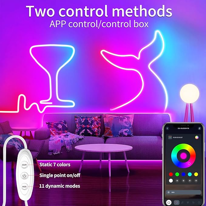 YeewhaleNeon Rope Lights，10ft RGB LED Strip Lights with App Control,Music Sync Flexible DIY Design 5V Neon Lights for Bedroom,Living Room,Gaming,and Party Decoration(with Adhesive Backing)
