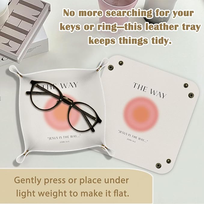 Christian Gifts Jewelry Valet Tray for Women Faith -Trendy Preppy Aura Jesus Bible Verse PU Leather Catchall Beside Caddy Nightstand Organizer Tray for Jewelry Rings Watches Keys,7.87x7.87in