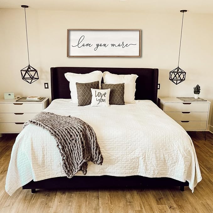 Love You More Sign Wall Decor 40''×15'' Large Vintage Framed Wood Modern Farmhouse Wall Decor for Master Bedroom Above Over Bed Minimalist Wall Art Hanging (Wood White)