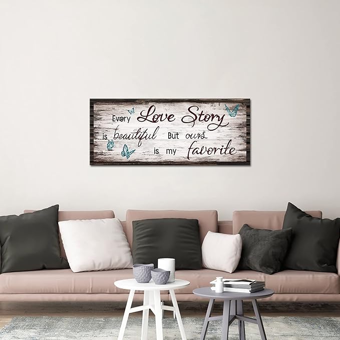 Kalormore Retro Love Story Canvas Wall Art for Bedroom Butterfly Sweet Quote Rustic Brown Wooden Textured Picture Prints Artwork for Living Room Bedroom Ready to Hang