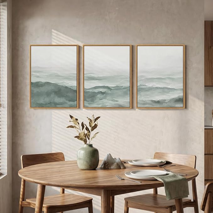 Framed Abstract Landscape Pastel Green Room Wall Decor, 3 Piece Modern Minimalist White Misty Mountain Wall Art for Living Room, Painting Print Canvas Artwork for Bedroom Home Office Walls, 12x16 Inch